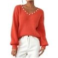 thumbnail image 1 of Women's V-Neck Sweater Geometric Accent Long Sleeve Loose Fit Knit Pullover Top Orange S, 1 of 8