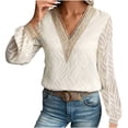 thumbnail image 1 of Women's V Neck Sweater Lace Long Sleeve Knitted Top Fashion Casual Loose Solid Color Cable Knit Pullover Shirt (Beige L), 1 of 6