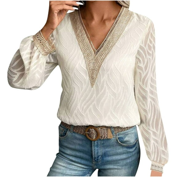 Women's V Neck Sweater Lace Long Sleeve Knitted Top Fashion Casual Loose Solid Color Cable Knit Pullover Shirt (Beige XL)