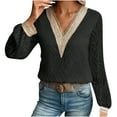 thumbnail image 1 of Women's V Neck Sweater Lace Long Sleeve Knitted Top Fashion Casual Loose Solid Color Cable Knit Pullover Shirt (Black M), 1 of 6