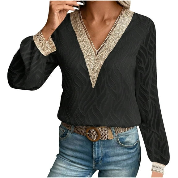 Women's V Neck Sweater Lace Long Sleeve Knitted Top Fashion Casual Loose Solid Color Cable Knit Pullover Shirt (Black M)