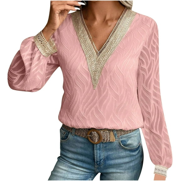 Women's V Neck Sweater Lace Long Sleeve Knitted Top Fashion Casual Loose Solid Color Cable Knit Pullover Shirt (Pink S)