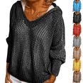 thumbnail image 1 of Women's V Neck Sweater Long Sleeve,Hollow Out Knit Hoodies Crochet Top Beach Lightweight Blouse Black L, 1 of 8
