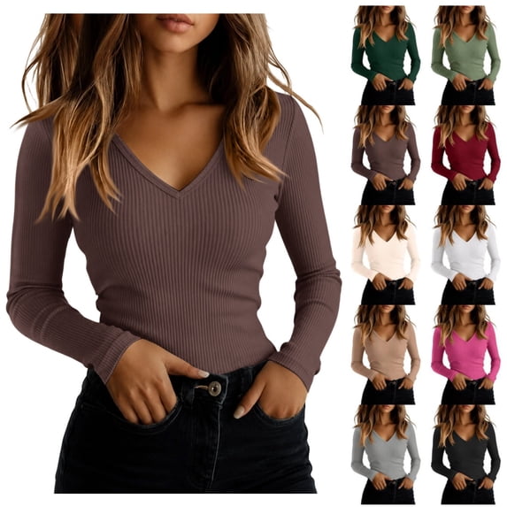 Women's V Neck Sweater Long Sleeve Ribbed Top Slim Fit Stretchy Knit Basic Pullover Casual Fitted Layering Shirts
