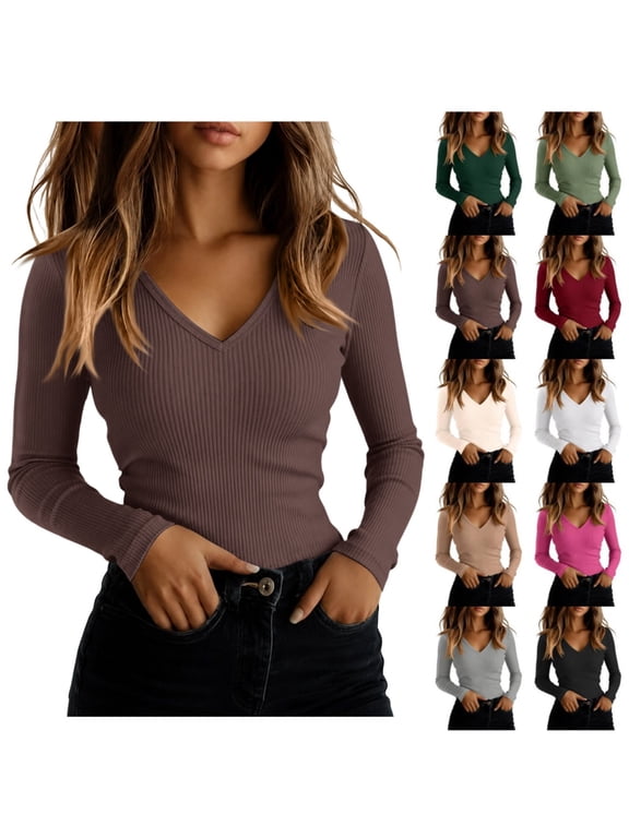 Women's V Neck Sweater Long Sleeve Ribbed Top Slim Fit Stretchy Knit Basic Pullover Casual Fitted Layering Shirts