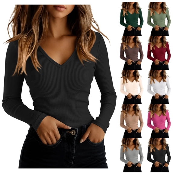 Women's V Neck Sweater Long Sleeve Ribbed Top Slim Fit Stretchy Knit Basic Pullover Casual Fitted Layering Shirts