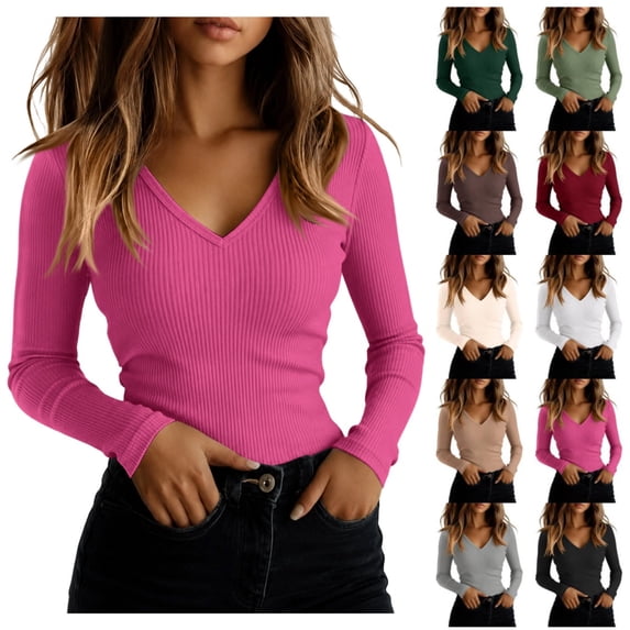 Women's V Neck Sweater Long Sleeve Ribbed Top Slim Fit Stretchy Knit Basic Pullover Casual Fitted Layering Shirts