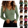 thumbnail image 1 of Women's V Neck Sweater Long Sleeve Ribbed Top Slim Fit Stretchy Knit Basic Pullover Casual Fitted Layering Shirts, 1 of 4
