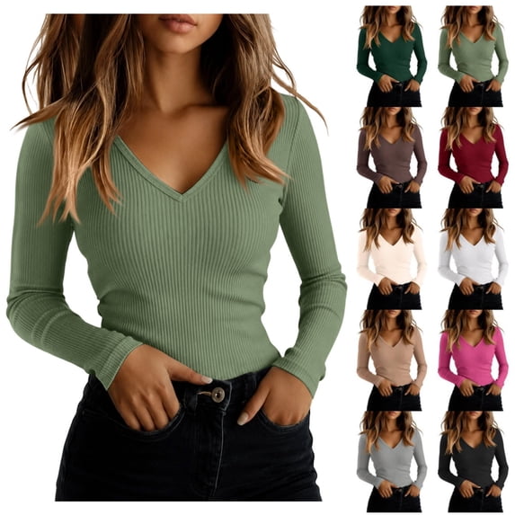 Women's V Neck Sweater Long Sleeve Ribbed Top Slim Fit Stretchy Knit Basic Pullover Casual Fitted Layering Shirts
