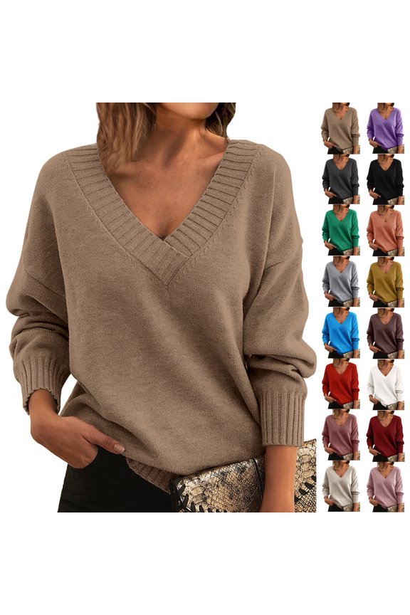 Women's V-Neck Sweater Loose Fit Solid Color Long Sleeve Knit Pullover (Beige, L)