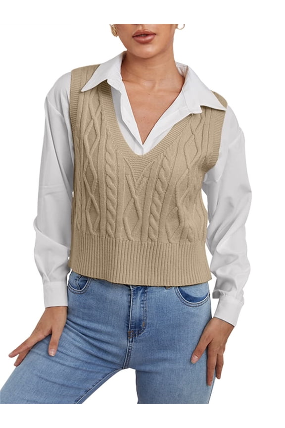 Women's V-Neck Sweater Pullover Cable Knit Vest Solid Color Sleeveless Vest Pullover