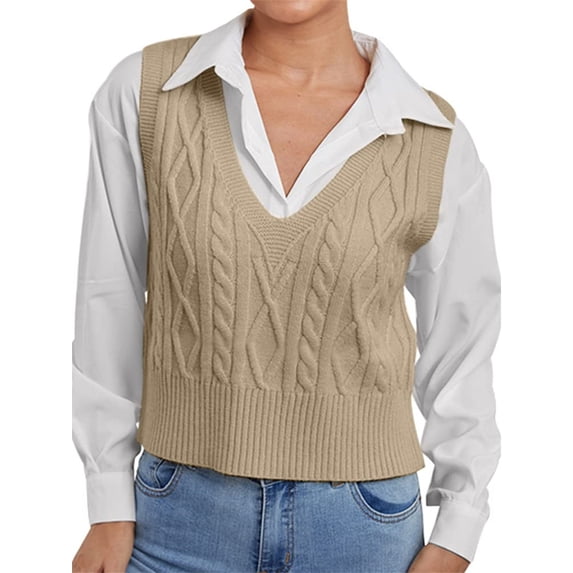Women V-Neck Sweater Pullover Cable Knit Vest Solid Color Sleeveless Vest Pullover