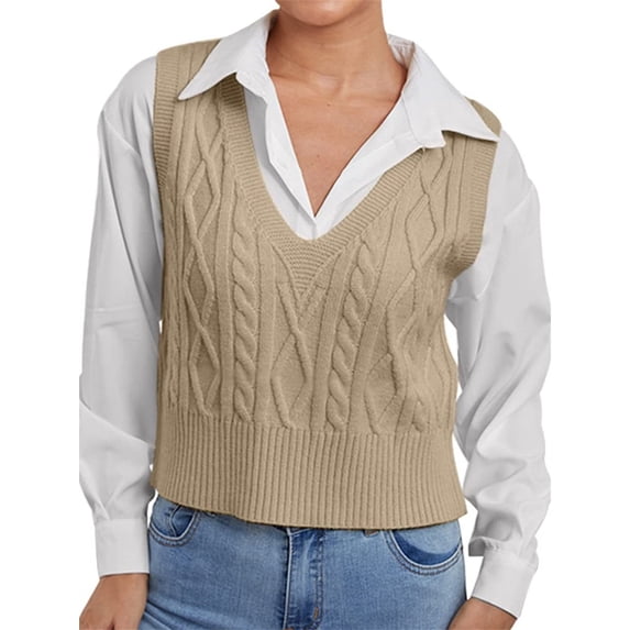 Women V-Neck Cable Knit Vest Solid Color Sleeveless Pullover