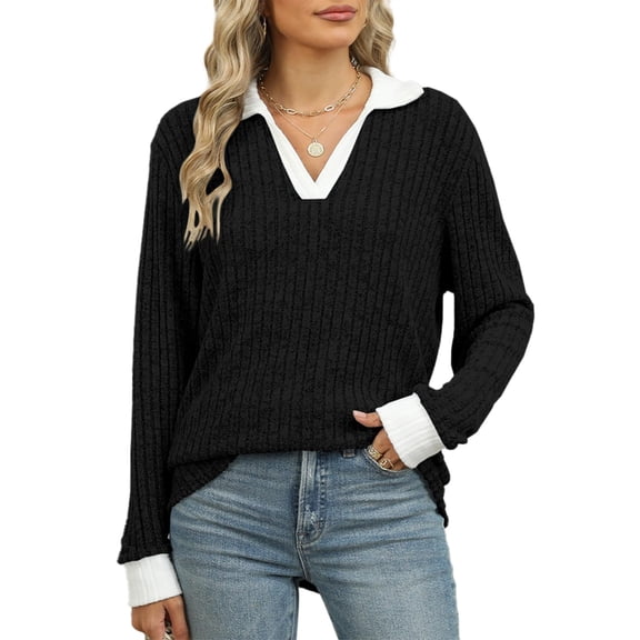 Women's V-Neck Sweater Pullover Collar Long Sleeve Loose Casual Lightweight Top Shirt