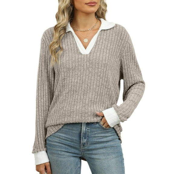 Women's V-Neck Sweater Pullover Collar Long Sleeve Loose Casual Lightweight Top Shirt