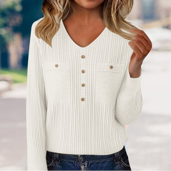 Women's V-Neck Sweater with Rhinestone Buttons, Soft Wool Blend Knit Pullover with Low Cut Design, Elegant Dressy Casual Top for Layering, Comfortable Stretchable Base Layer for Daily Wear White XL