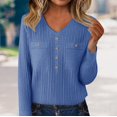 thumbnail image 1 of Women's V-Neck Sweater with Rhinestone Buttons, Soft Wool Blend Knit Pullover with Low Cut Design, Elegant Dressy Casual Top for Layering, Comfortable Stretchable Base Layer for Daily Wear Blue M, 1 of 5