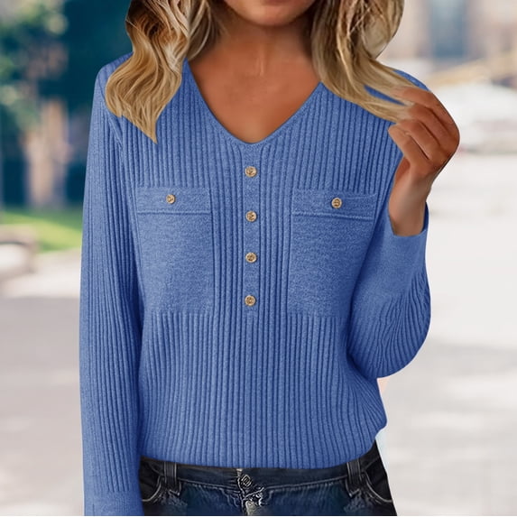 Women's V-Neck Sweater with Rhinestone Buttons, Soft Wool Blend Knit Pullover with Low Cut Design, Elegant Dressy Casual Top for Layering, Comfortable Stretchable Base Layer for Daily Wear Blue M