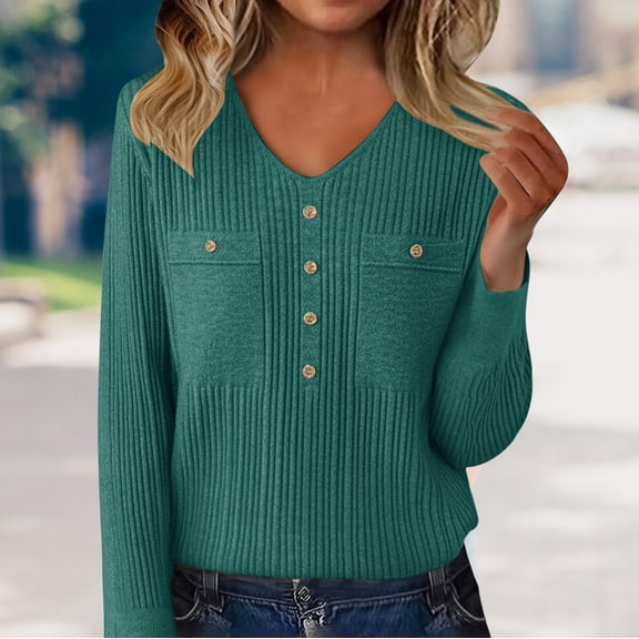 Women's V-Neck Sweater with Rhinestone Buttons, Soft Wool Blend Knit Pullover with Low Cut Design, Elegant Dressy Casual Top for Layering, Comfortable Stretchable Base Layer for Daily Wear Green M