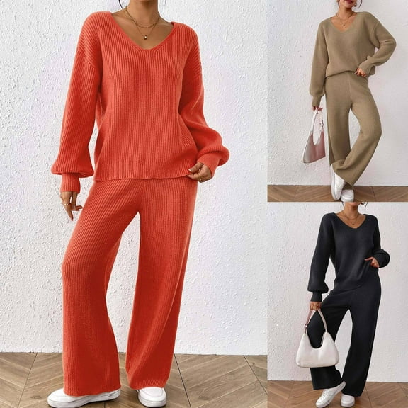 Women's V-Neck Sweater Set with Solid Color Wide Leg Pants Two-Piece Casual Fashion for Fall and Winter Wear, Perfect for Holiday Gatherings and Home Lounge, Comfortable and Stylish,Black,M