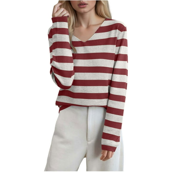 Women's V Neck Sweater Striped Lightweight Pullover Long Sleeve Knit Soft Top (Available in Plus Size) Red 2XL