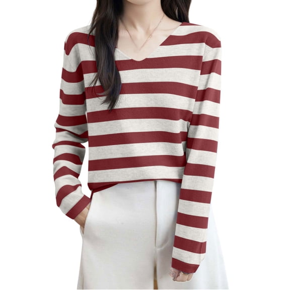Women's V Neck Sweater Striped Lightweight Pullover Long Sleeve Knit Soft Top (Available in Plus Size) Red XL