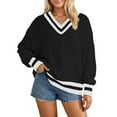 thumbnail image 1 of Women's V Neck Sweater Trendy Striped Pullover Knit Preppy Sweaters Color: Black Size: L, 1 of 5