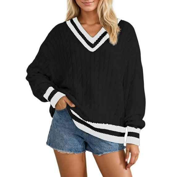 Women's V Neck Sweater Trendy Striped Pullover Knit Preppy Sweaters Color: Black Size: L