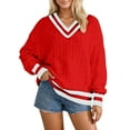 thumbnail image 1 of Women's V Neck Sweater Trendy Striped Pullover Knit Preppy Sweaters Color: Red Size: XS, 1 of 5