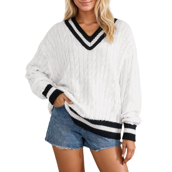 Women's V Neck Sweater Trendy Striped Pullover Knit Preppy Sweaters Color: White Size: S
