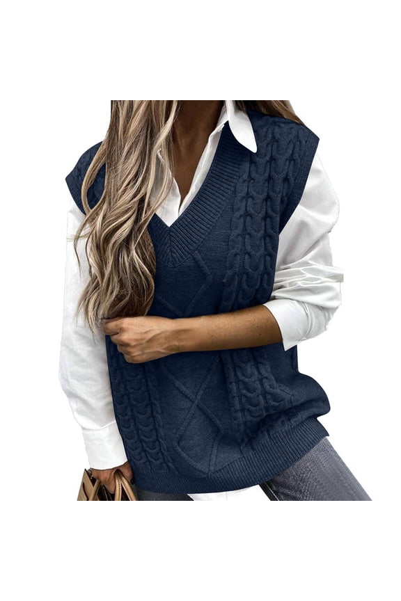 Women's V-Neck Sweater Vest Cable Knit Sleeveless Oversized Pullover Top Navy M
