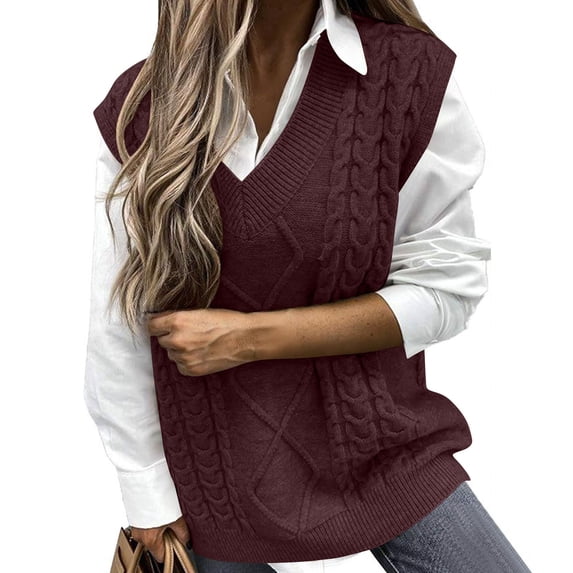 Women's V-Neck Sweater Vest Cable Knit Sleeveless Oversized Pullover Top Red 2XL