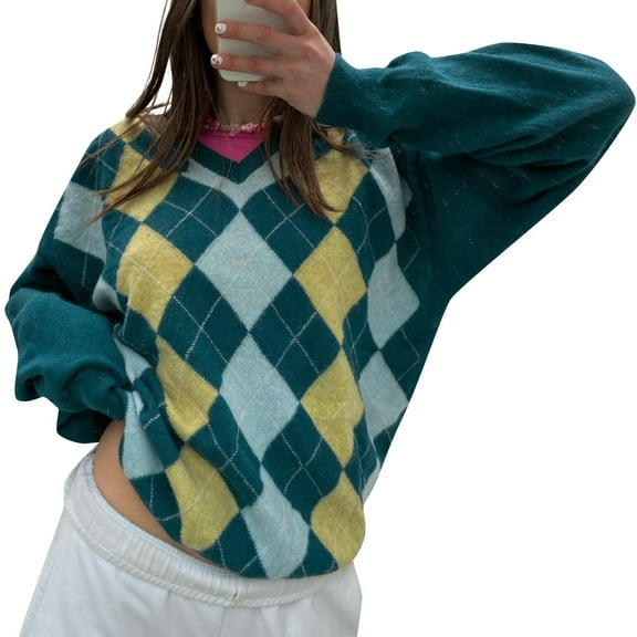 Women's V Neck Sweaters, Classic Long Sleeve Argyle Print Loose Fit Knitted Tops