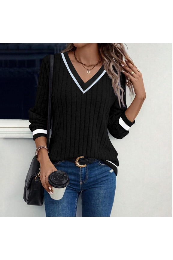 Women's V-Neck Sweaters Fashion Contrast Color Pullover Fall Winter Casual Long Sleeve Sweater Lightweight Trendy Dressy Work Shirts Tops