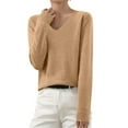 thumbnail image 1 of Women's V Neck Sweaters Long Sleeve Lightweight Knit Pullover, Dressy Casual Top Camel M, 1 of 5