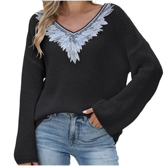 Women's V Neck Sweaters Ribbed Knit Casual Long Sleeve Pullover Tops with Embroidery Beautiful Lace Collar Black XL