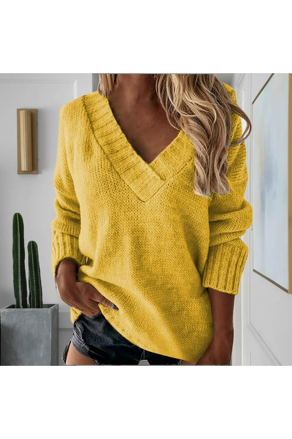 Women's V Neck Sweaters Solid Color Long Sleeve Comfy Knitted Pullover Tops for Winter Fall Casual Blouses (2XL, Yellow 01)