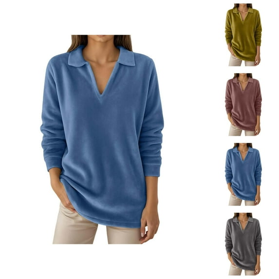 Women's V Neck Sweatshirt 2025 Vintage Long Sleeve Lapel Collared Casual Plain Sweat Shirts Pullover Tops