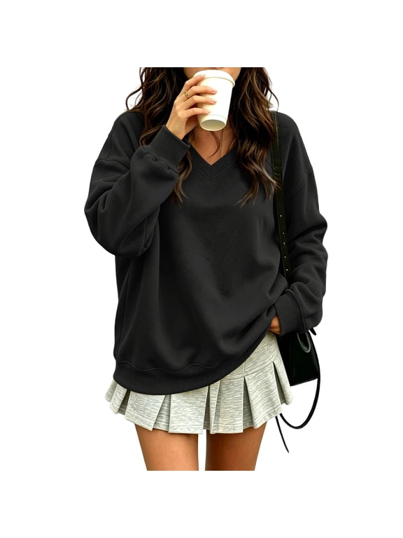 Women's V-Neck Sweatshirt, Long Sleeve Relaxed Pullover Top for Casual Daily Wear, Travel and Layering