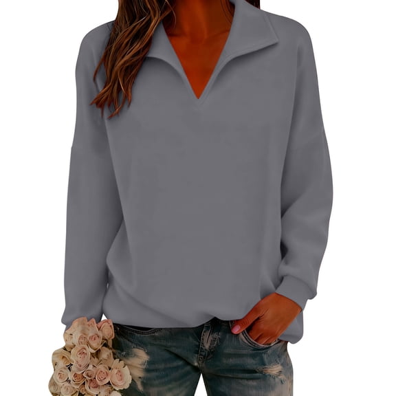 Women's V-Neck Sweatshirt, Soft Long Sleeve Pullover, Casual Comfortable Top, Lightweight Stretchable Blouse, Everyday Wear V-Neck Knit Shirt for Women Dark Gray XXL