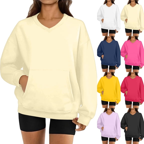 Women's V-Neck Sweatshirt with Pockets, Womens V Neck Sweatshirts No Hood Lightweight Casual Soft Fashion White XL