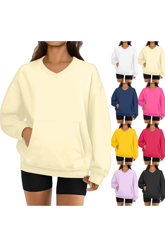 Women's V-Neck Sweatshirt with Pockets, Womens V Neck Sweatshirts No Hood Lightweight Casual Soft Fashion Yellow L