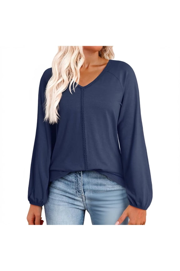 Women's V Neck Sweatshirts Quilted Oversized Shirts Long Sleeve Solid Color T-Shirts Tops Fall Lightweight Blouses (M, Blue)