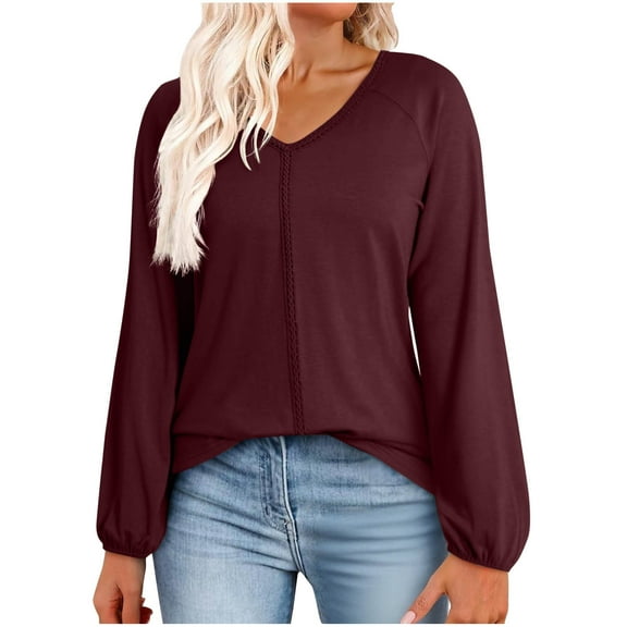 Women's V Neck Sweatshirts Quilted Oversized Shirts Long Sleeve Solid Color T-Shirts Tops Fall Lightweight Blouses (M, Red)