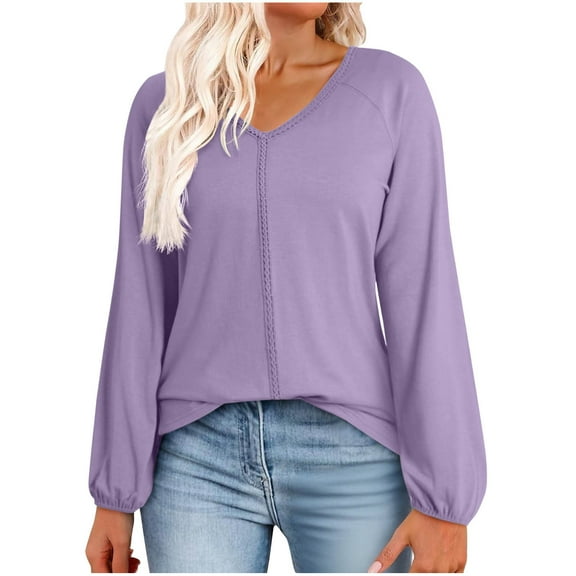 Women's V Neck Sweatshirts Quilted Oversized Shirts Long Sleeve Solid Color T-Shirts Tops Fall Lightweight Blouses (XL, Purple)