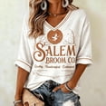 thumbnail image 1 of Women's V Neck Sweatshirts Vintage Distressed Witch Broom Print 3/4 Sleeve Pullover Relaxed Fit Casual Halloween Fall Festival Top White L, 1 of 5