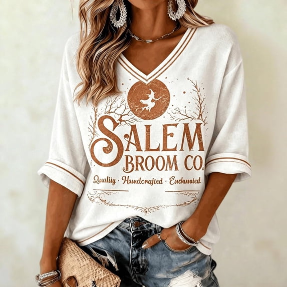 Women's V Neck Sweatshirts Vintage Distressed Witch Broom Print 3/4 Sleeve Pullover Relaxed Fit Casual Halloween Fall Festival Top White L