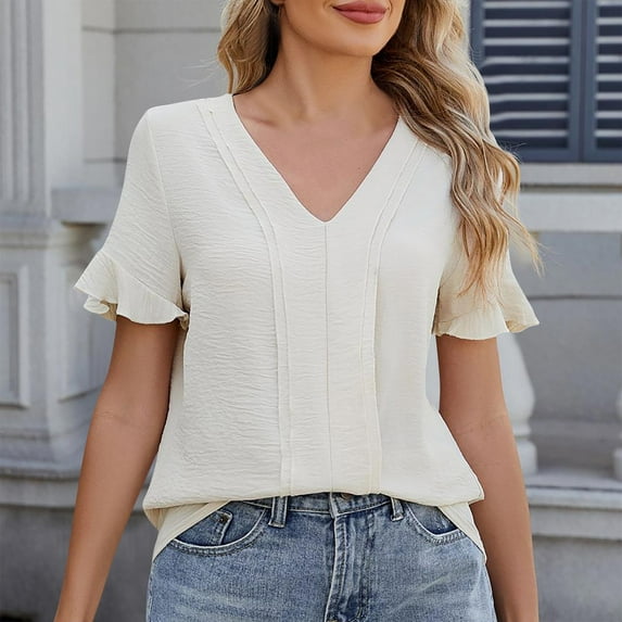 Women's V-Neck T-Shirt, Casual Lace Sleeve Blouse, Basic Stretch Top for Daily Wear