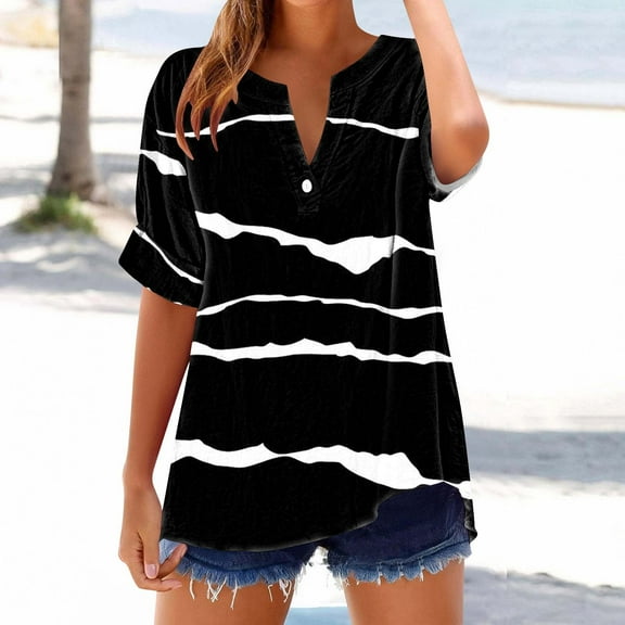 Women's V-Neck T-Shirt, Casual Short Sleeve Printed Top with Buttons