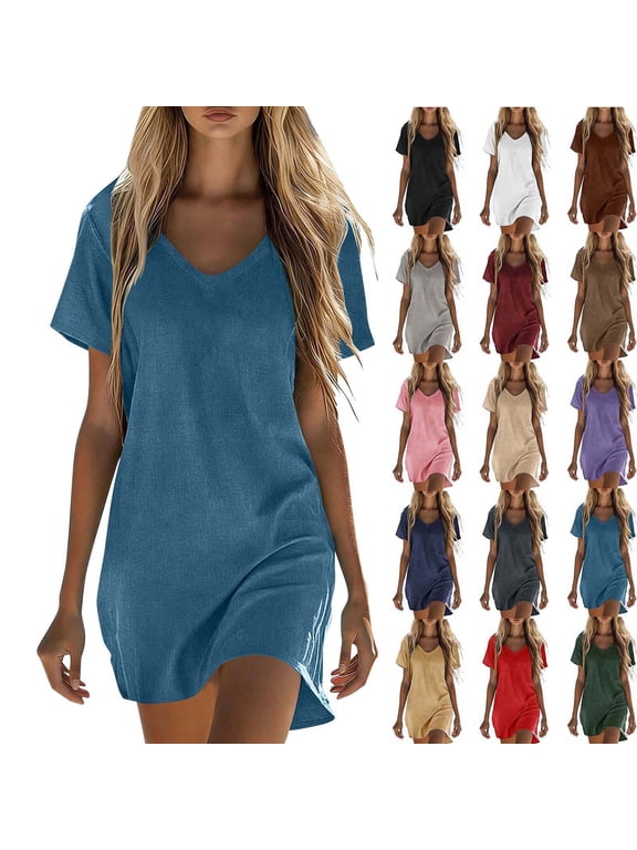 Women’s V Neck T Shirt Dress Casual Loose Mini Dress Short Sleeve Tunic Dress Soft Lightweight Summer Lounge Daily Wear